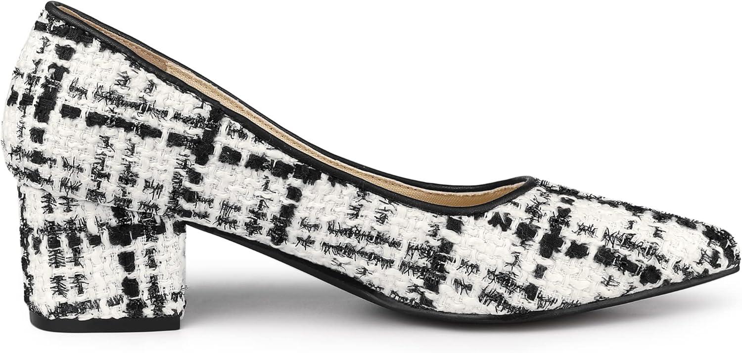 imageAllegra K Womens Pointy Toe Tweed Plaid Knitted Printed Chunky Heels PumpsBlack White