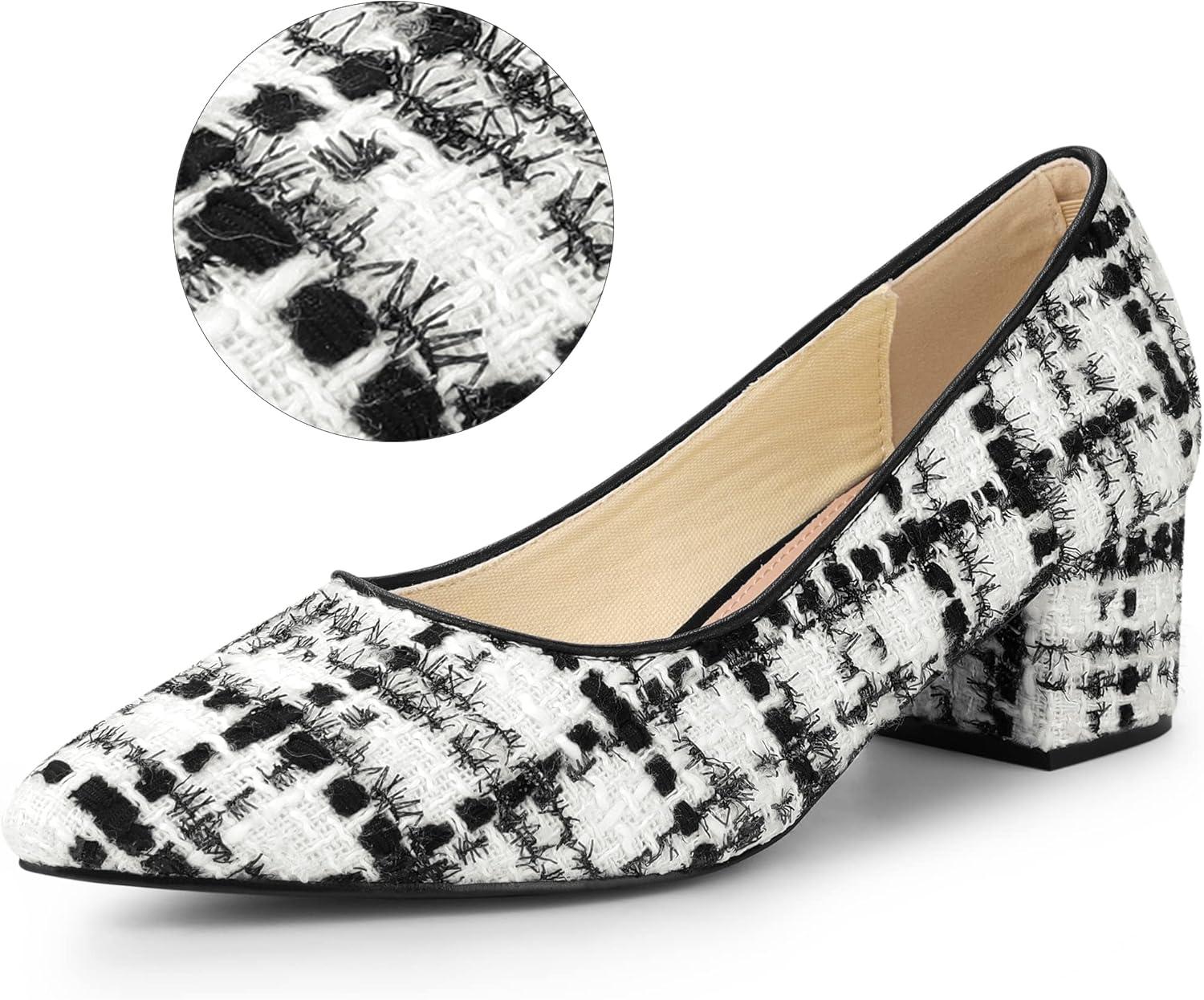imageAllegra K Womens Pointy Toe Tweed Plaid Knitted Printed Chunky Heels PumpsBlack White