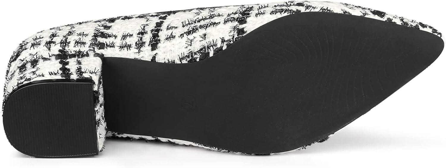 imageAllegra K Womens Pointy Toe Tweed Plaid Knitted Printed Chunky Heels PumpsBlack White