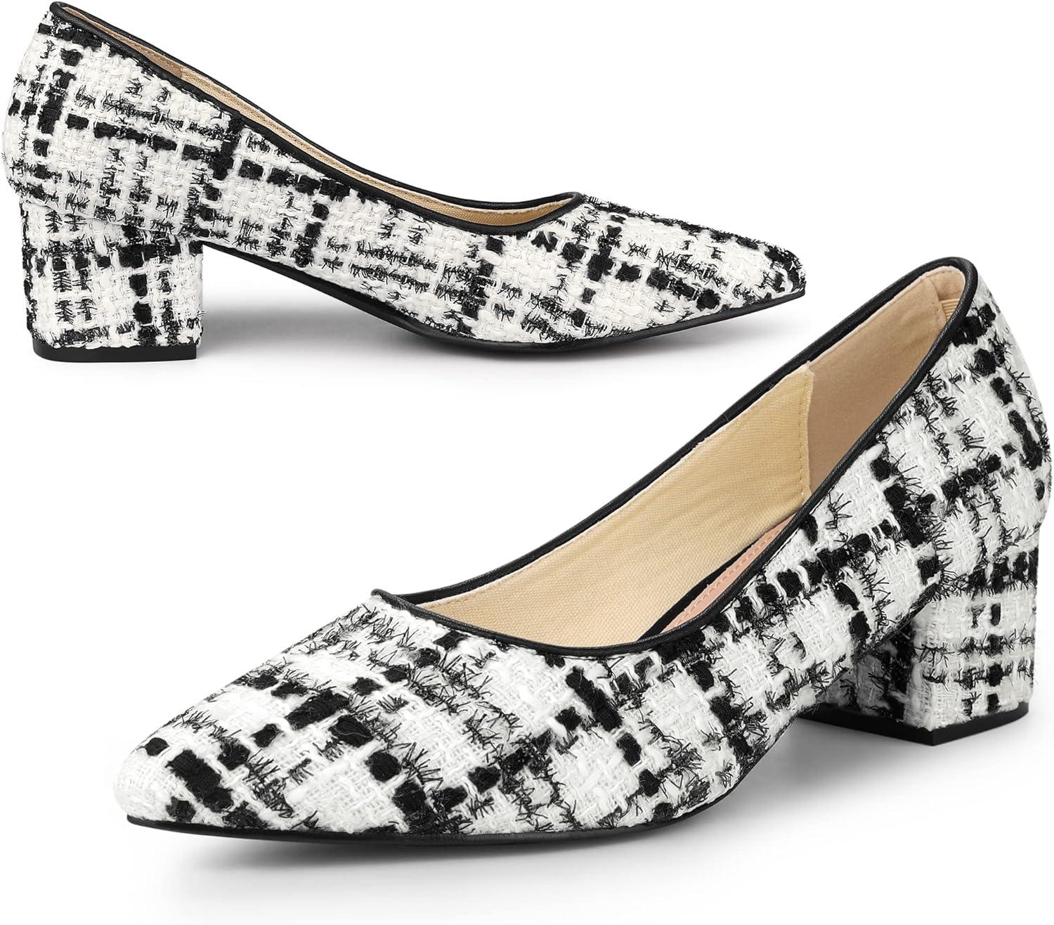 imageAllegra K Womens Pointy Toe Tweed Plaid Knitted Printed Chunky Heels PumpsBlack White
