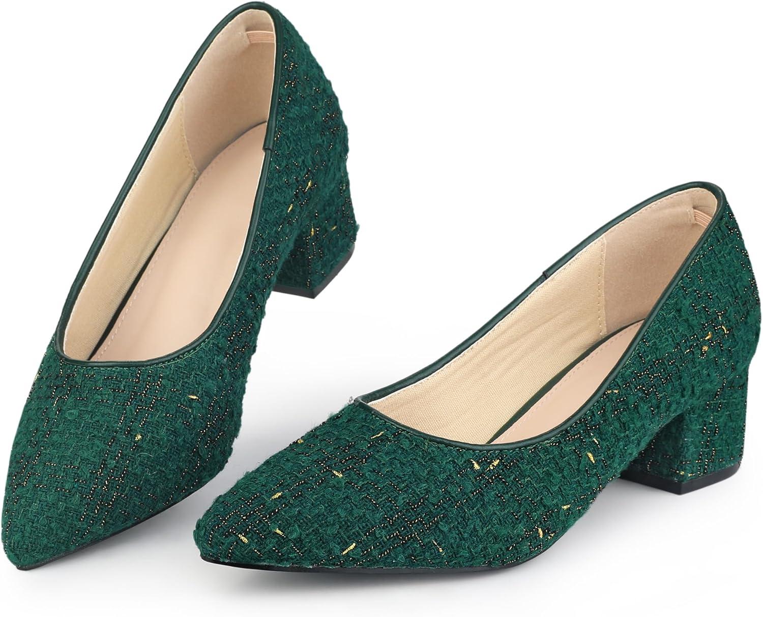imageAllegra K Womens Pointy Toe Tweed Plaid Knitted Printed Chunky Heels PumpsGreen