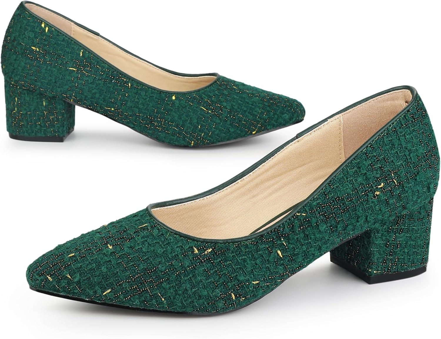 imageAllegra K Womens Pointy Toe Tweed Plaid Knitted Printed Chunky Heels PumpsGreen