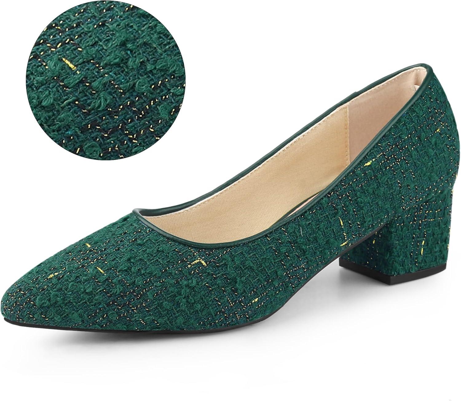 imageAllegra K Womens Pointy Toe Tweed Plaid Knitted Printed Chunky Heels PumpsGreen