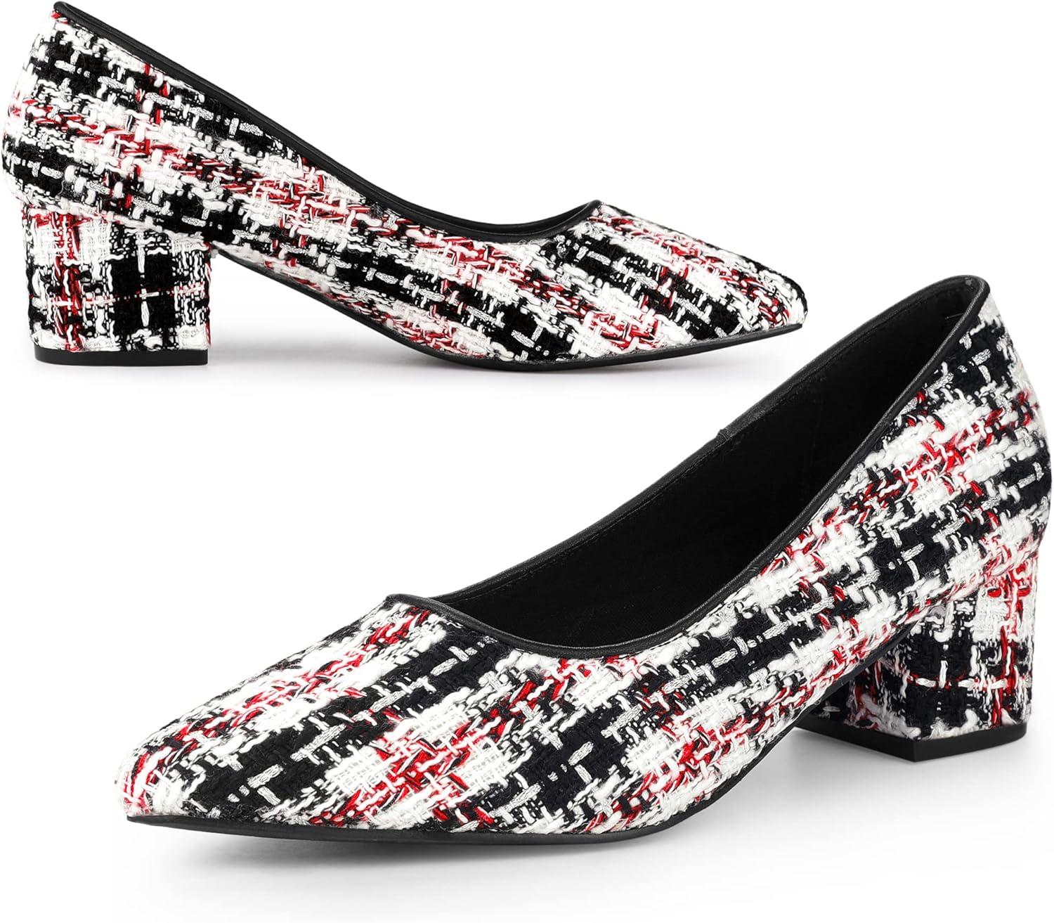 imageAllegra K Womens Pointy Toe Tweed Plaid Knitted Printed Chunky Heels PumpsRed Black