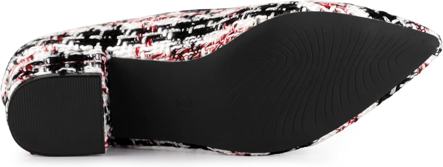 imageAllegra K Womens Pointy Toe Tweed Plaid Knitted Printed Chunky Heels PumpsRed Black