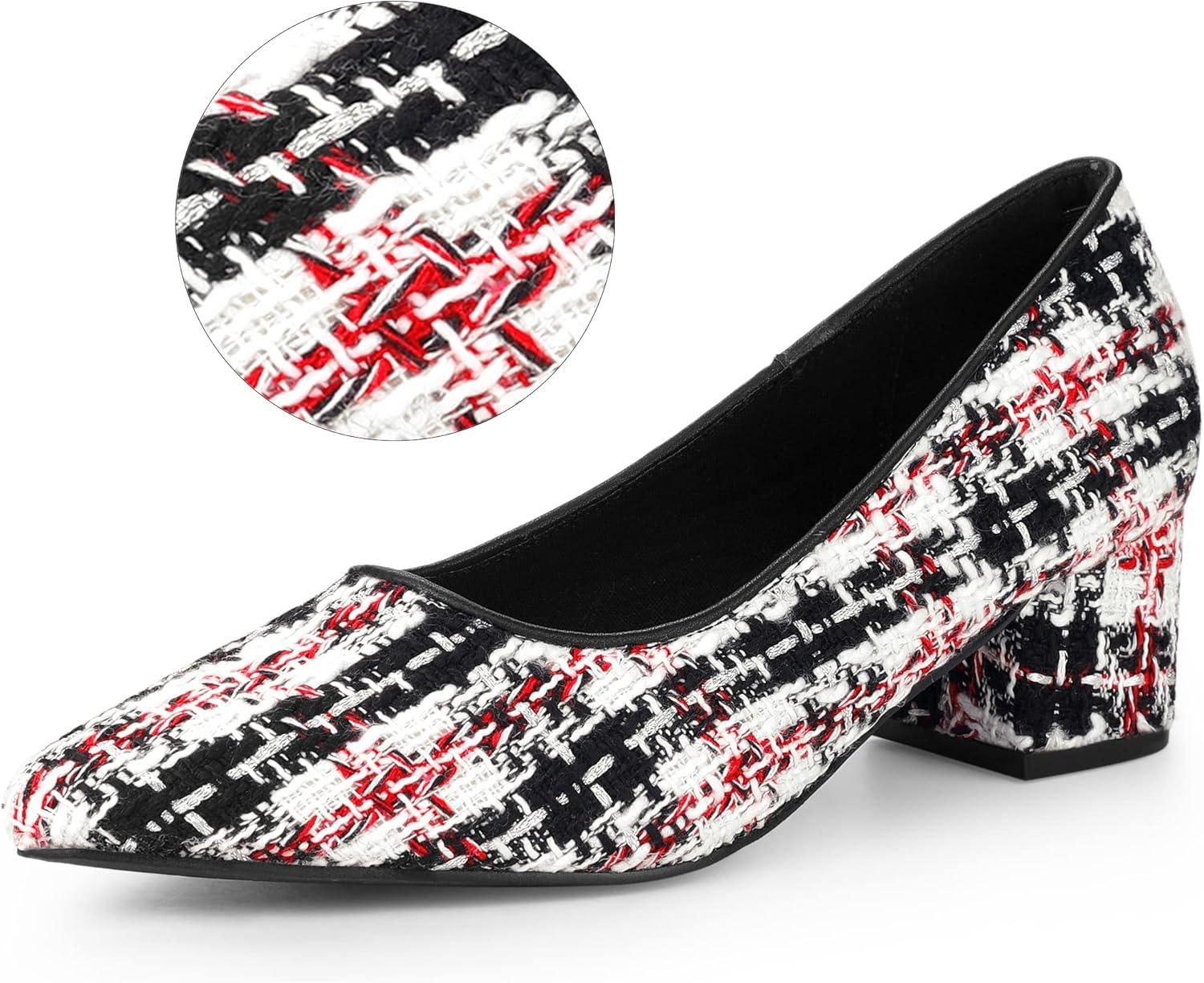 imageAllegra K Womens Pointy Toe Tweed Plaid Knitted Printed Chunky Heels PumpsRed Black