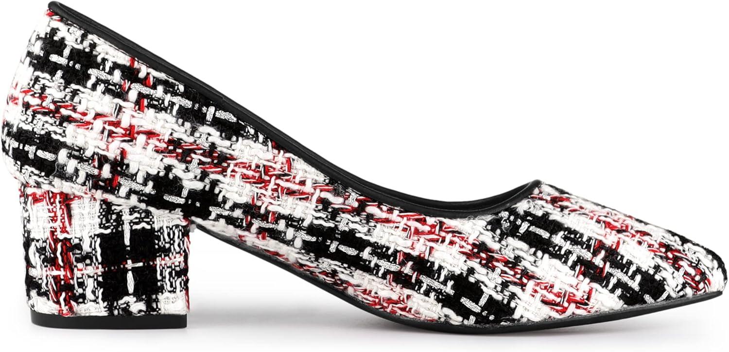 imageAllegra K Womens Pointy Toe Tweed Plaid Knitted Printed Chunky Heels PumpsRed Black