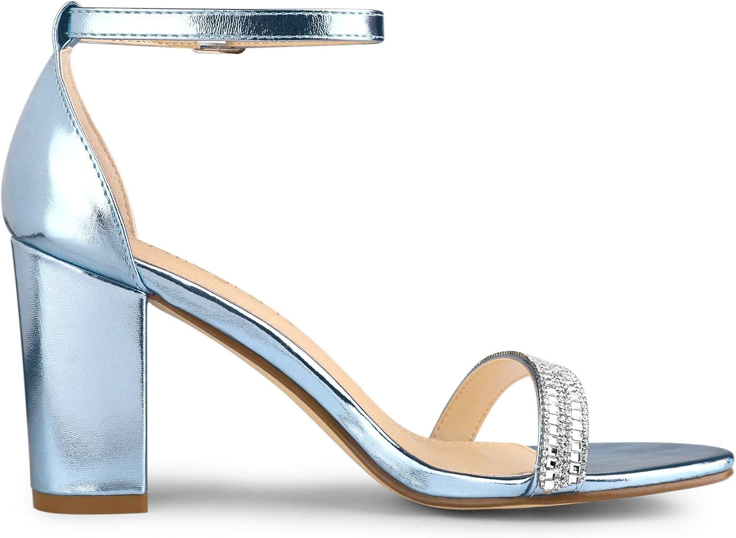 imageAllegra K Womens Rhinestone Ankle Strap Chunky Heels SandalsBlue