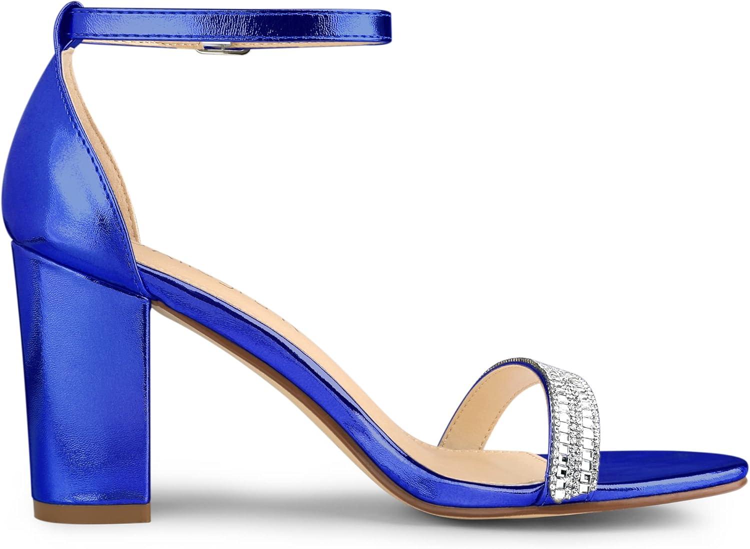 imageAllegra K Womens Rhinestone Ankle Strap Chunky Heels SandalsDeep Blue