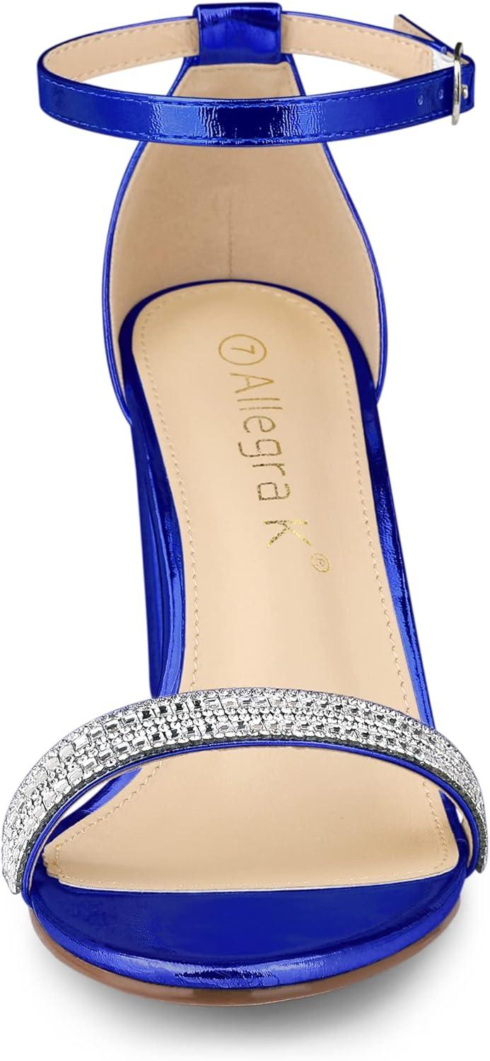 imageAllegra K Womens Rhinestone Ankle Strap Chunky Heels SandalsDeep Blue