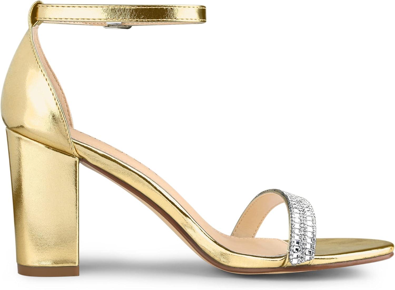 imageAllegra K Womens Rhinestone Ankle Strap Chunky Heels SandalsGold