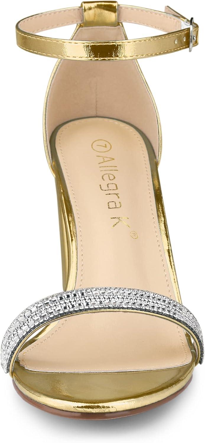 imageAllegra K Womens Rhinestone Ankle Strap Chunky Heels SandalsGold