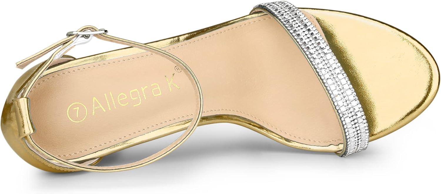 imageAllegra K Womens Rhinestone Ankle Strap Chunky Heels SandalsGold