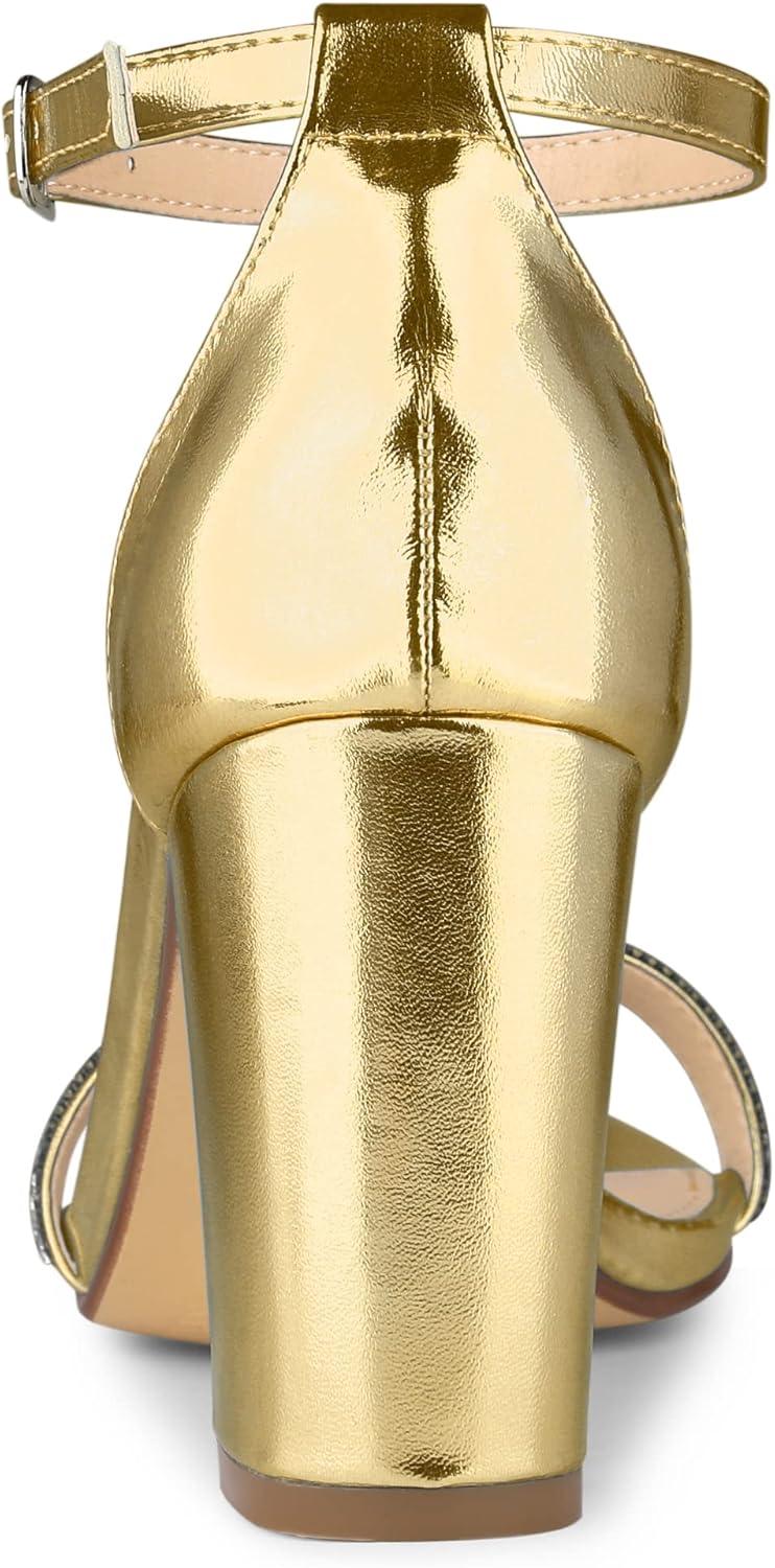 imageAllegra K Womens Rhinestone Ankle Strap Chunky Heels SandalsGold