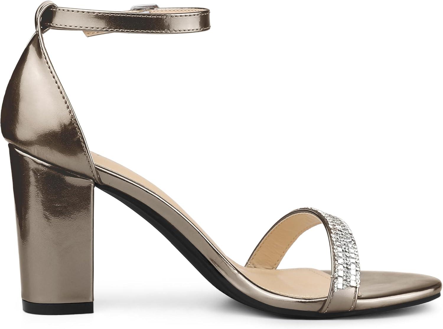 imageAllegra K Womens Rhinestone Ankle Strap Chunky Heels SandalsGunmetal