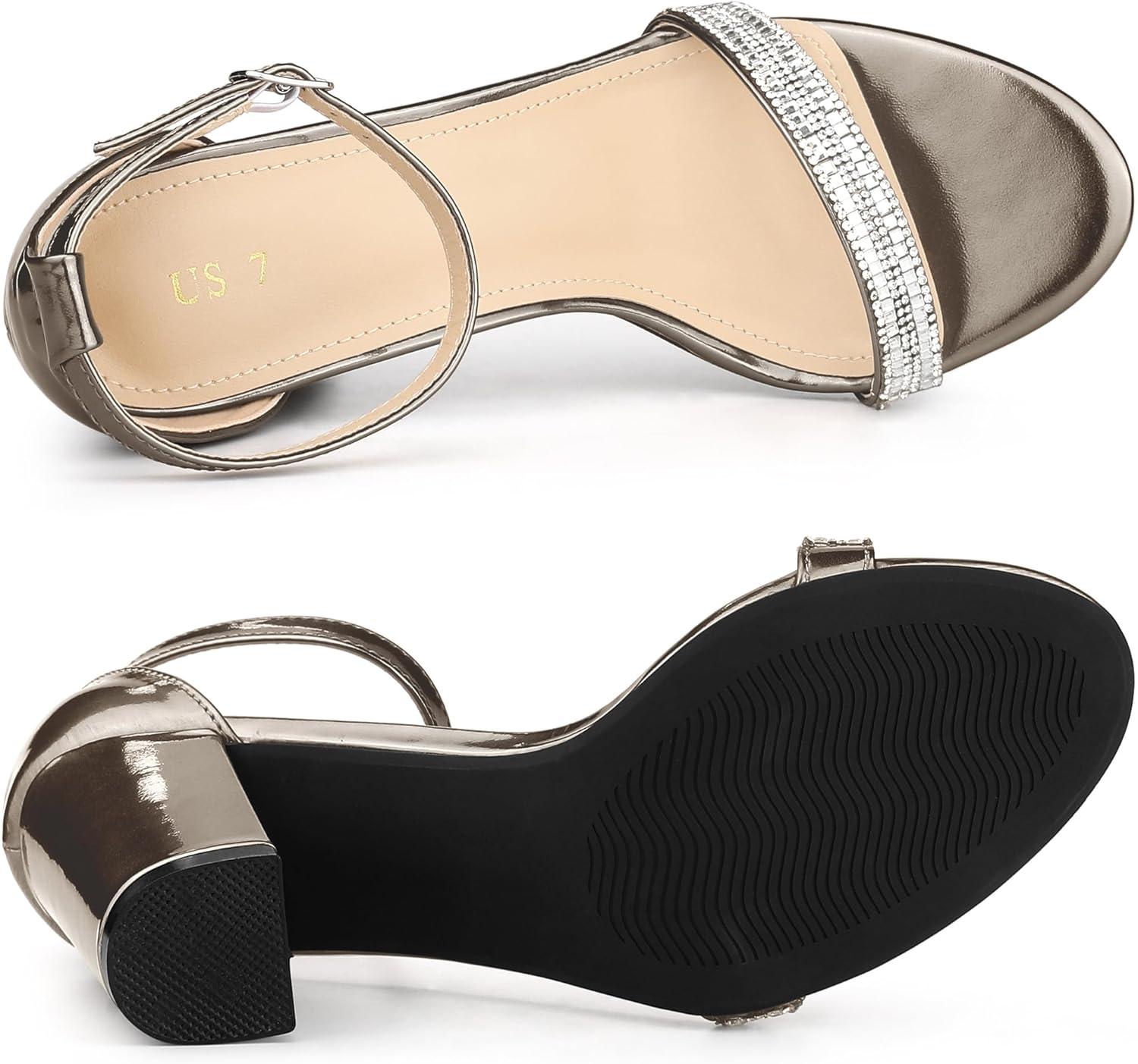 imageAllegra K Womens Rhinestone Ankle Strap Chunky Heels SandalsGunmetal