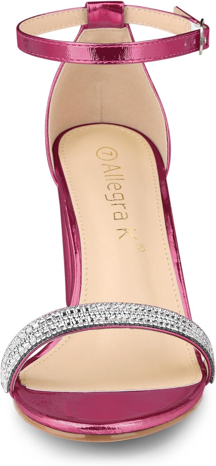 imageAllegra K Womens Rhinestone Ankle Strap Chunky Heels SandalsHot Pink