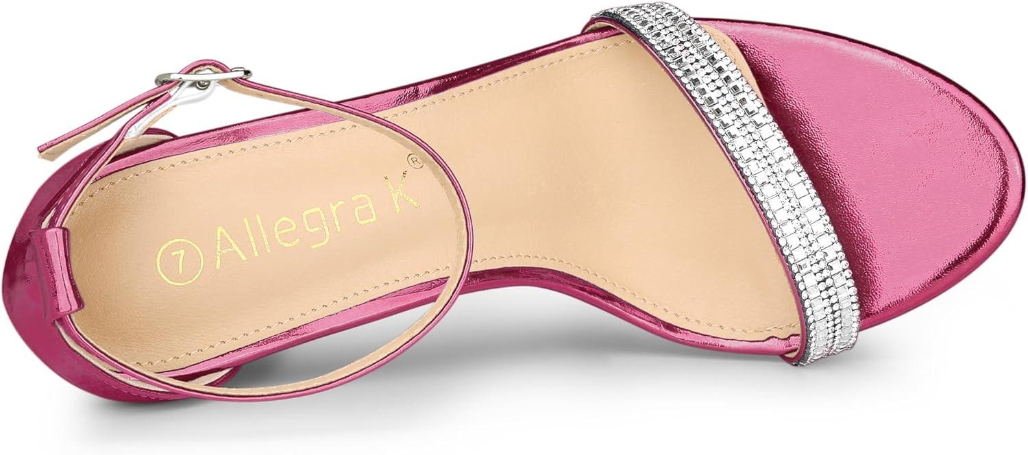 imageAllegra K Womens Rhinestone Ankle Strap Chunky Heels SandalsHot Pink
