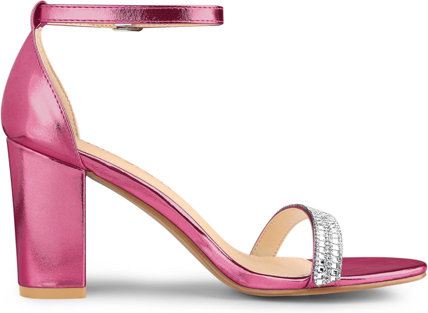 imageAllegra K Womens Rhinestone Ankle Strap Chunky Heels SandalsHot Pink