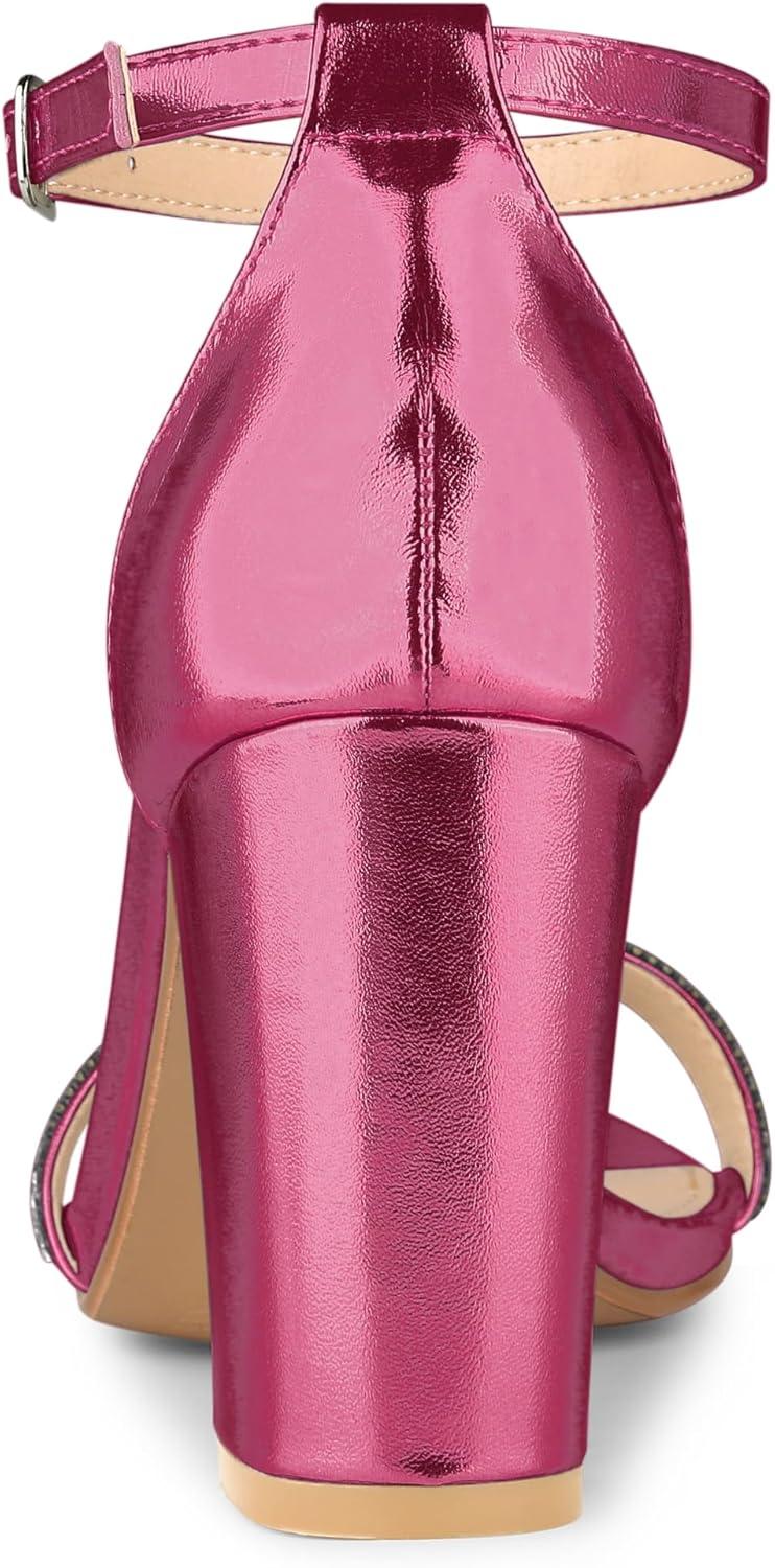 imageAllegra K Womens Rhinestone Ankle Strap Chunky Heels SandalsHot Pink