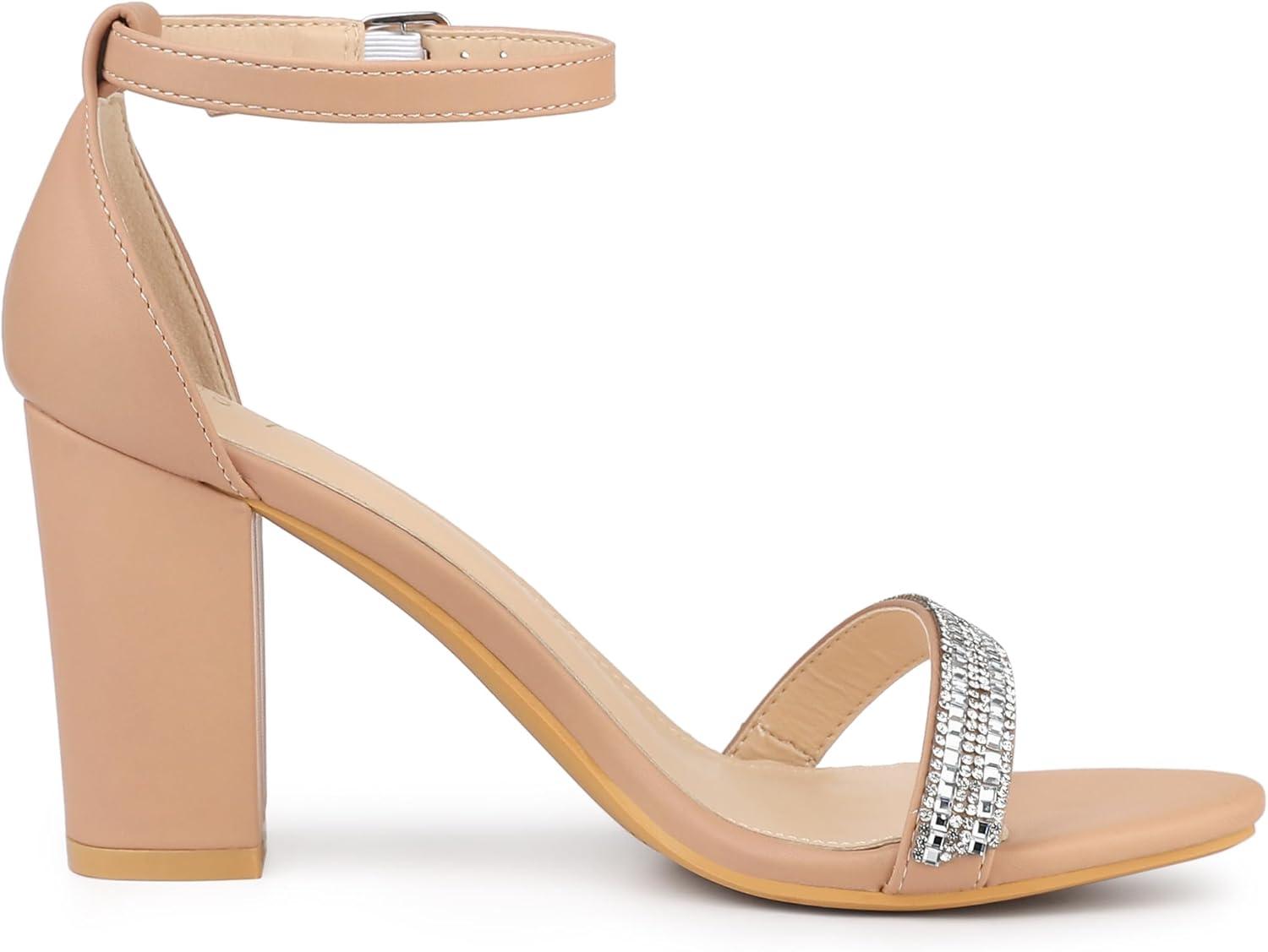 imageAllegra K Womens Rhinestone Ankle Strap Chunky Heels SandalsNude