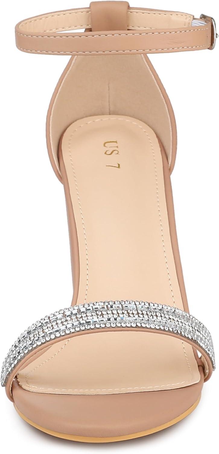 imageAllegra K Womens Rhinestone Ankle Strap Chunky Heels SandalsNude