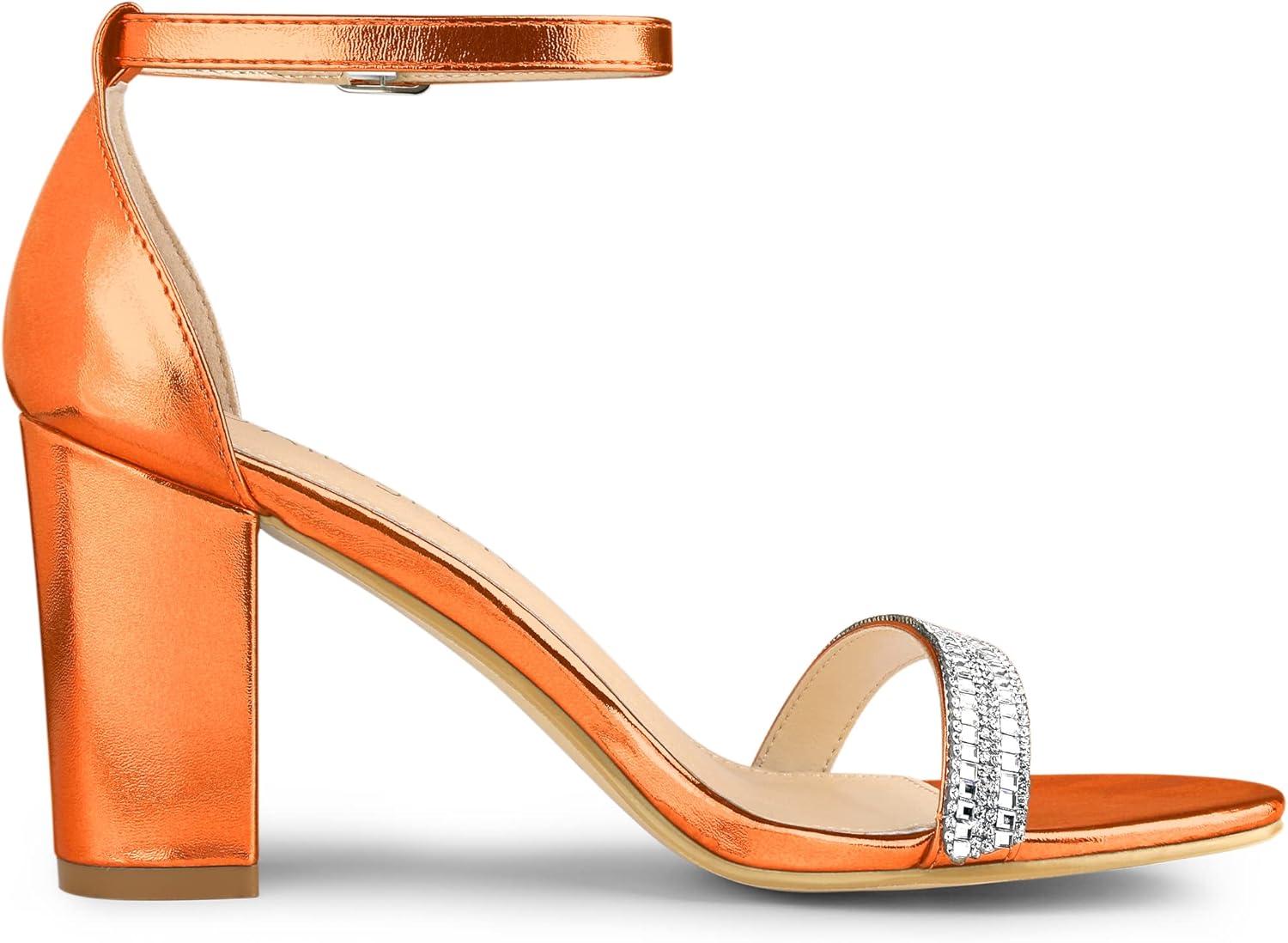 imageAllegra K Womens Rhinestone Ankle Strap Chunky Heels SandalsOrange