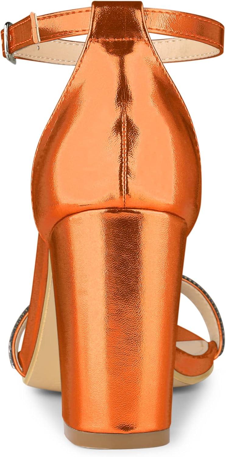 imageAllegra K Womens Rhinestone Ankle Strap Chunky Heels SandalsOrange
