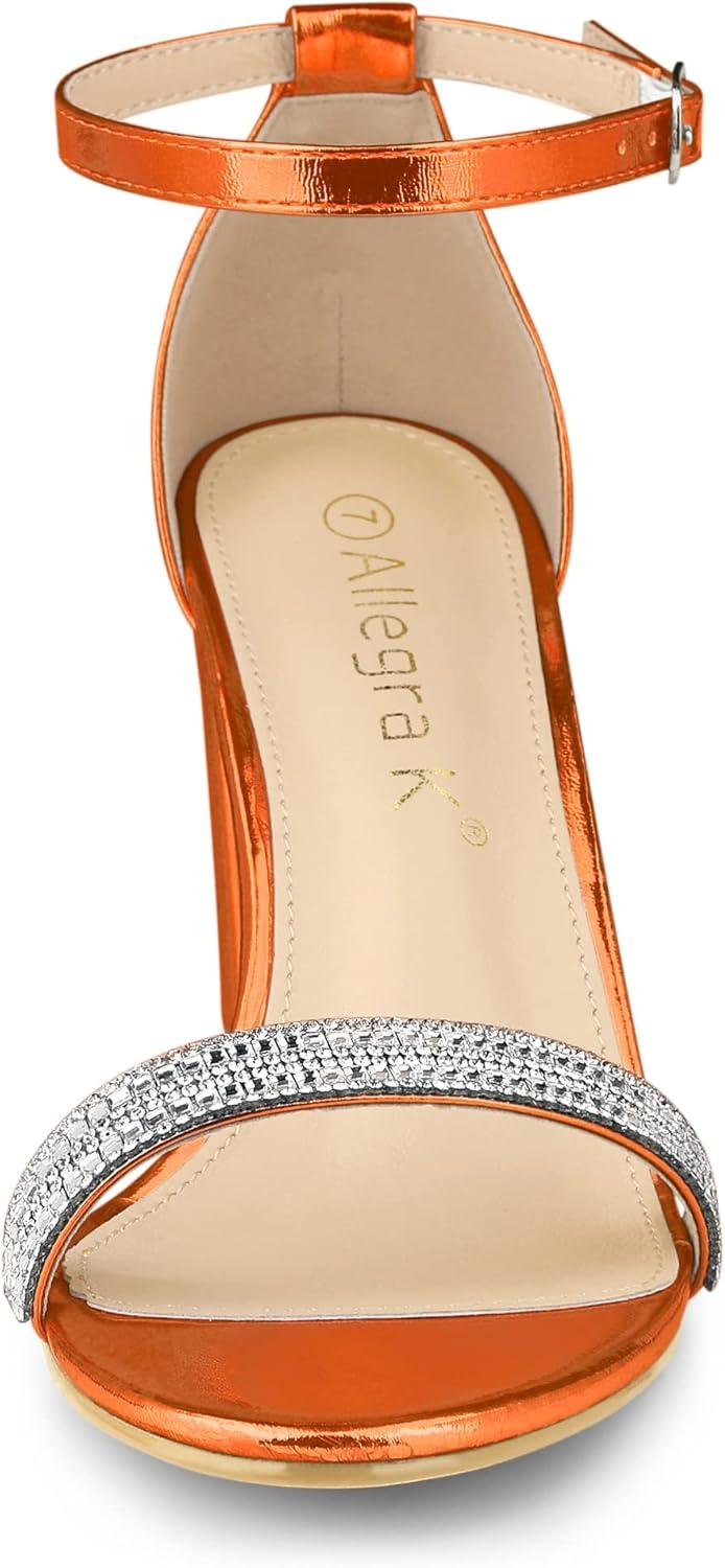 imageAllegra K Womens Rhinestone Ankle Strap Chunky Heels SandalsOrange