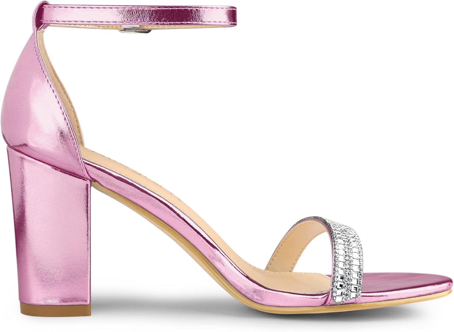 imageAllegra K Womens Rhinestone Ankle Strap Chunky Heels SandalsPink