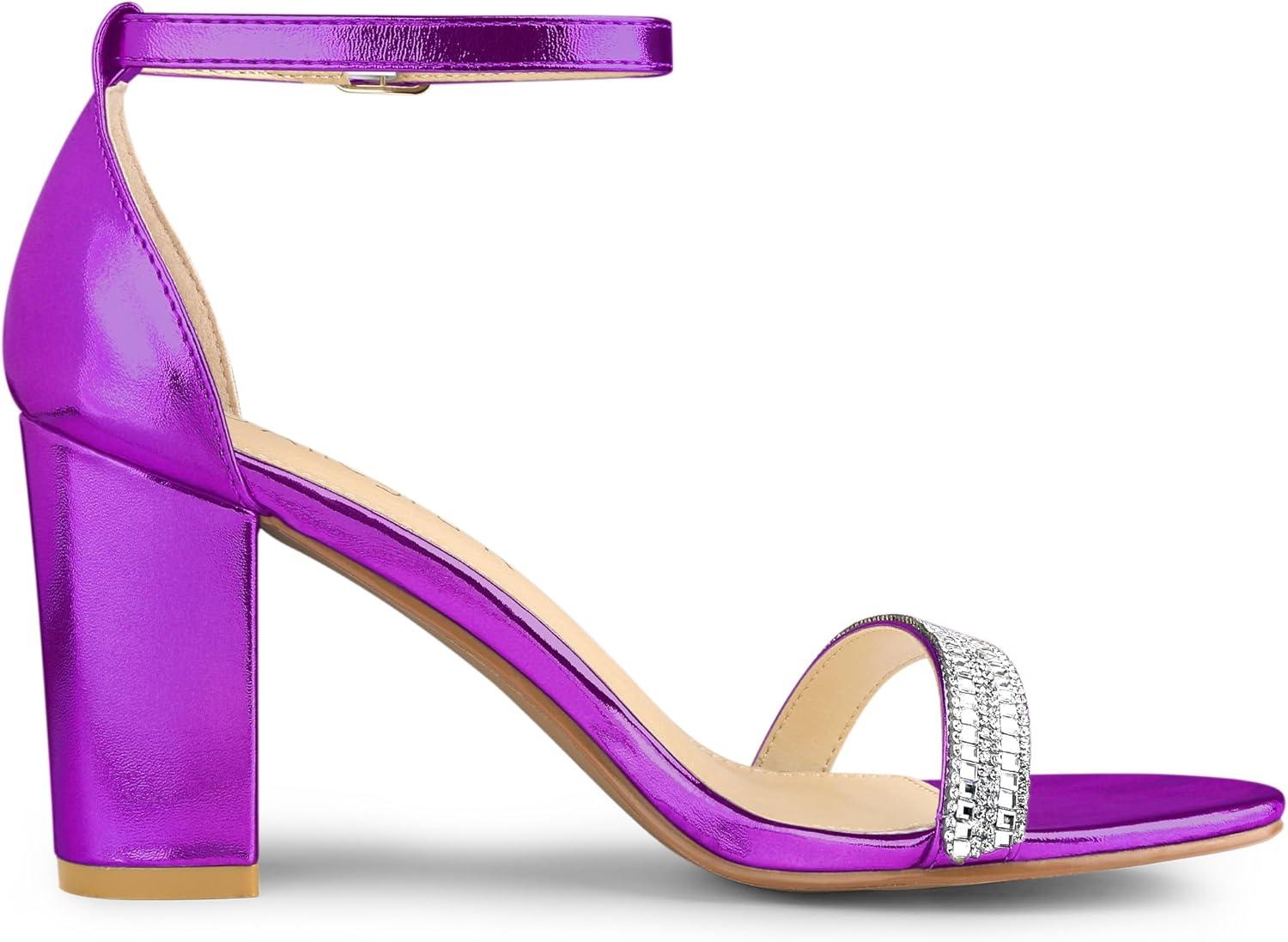imageAllegra K Womens Rhinestone Ankle Strap Chunky Heels SandalsPurple