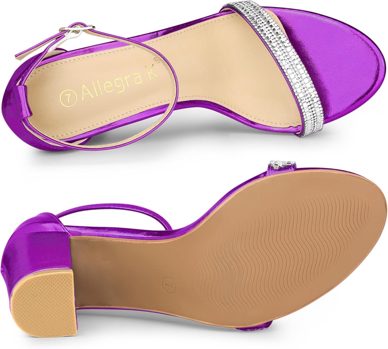 imageAllegra K Womens Rhinestone Ankle Strap Chunky Heels SandalsPurple
