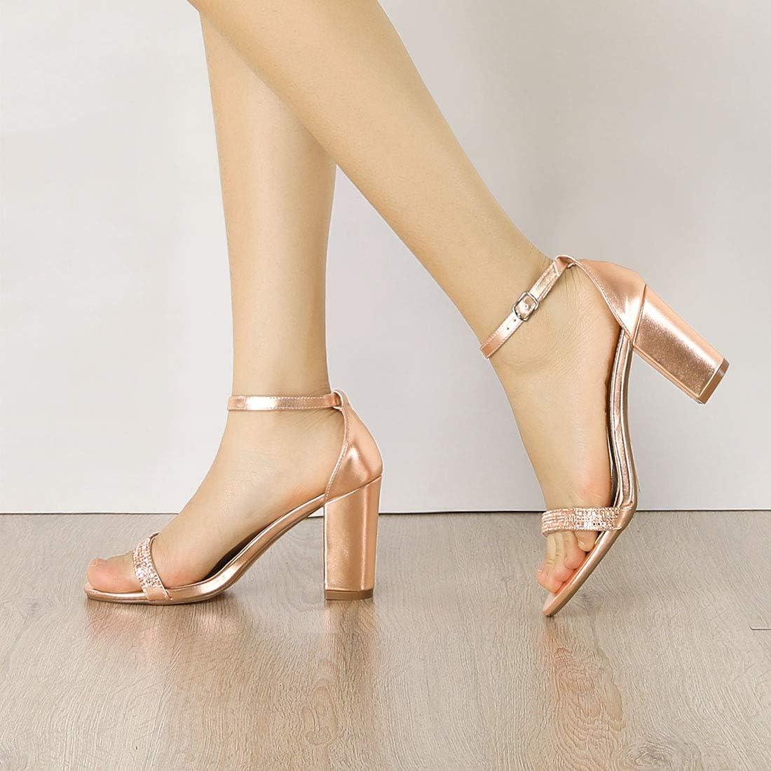imageAllegra K Womens Rhinestone Ankle Strap Chunky Heels SandalsRose Gold