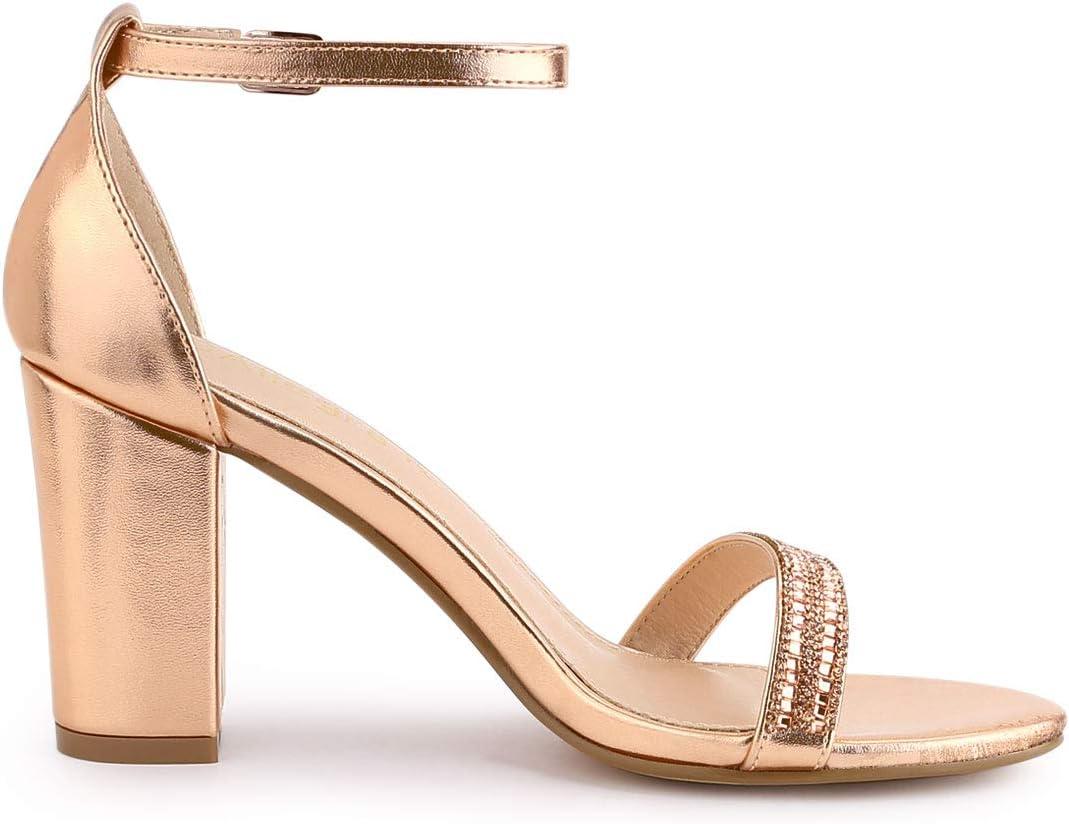 imageAllegra K Womens Rhinestone Ankle Strap Chunky Heels SandalsRose Gold
