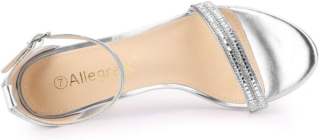 imageAllegra K Womens Rhinestone Ankle Strap Chunky Heels SandalsSilver