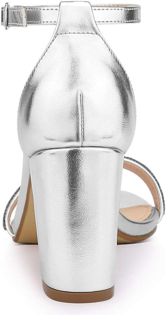imageAllegra K Womens Rhinestone Ankle Strap Chunky Heels SandalsSilver