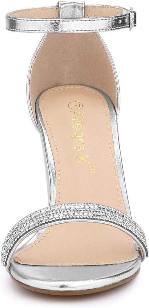 imageAllegra K Womens Rhinestone Ankle Strap Chunky Heels SandalsSilver