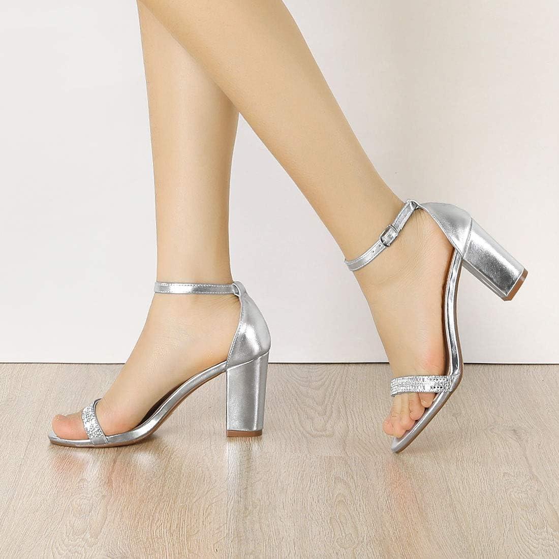 imageAllegra K Womens Rhinestone Ankle Strap Chunky Heels SandalsSilver