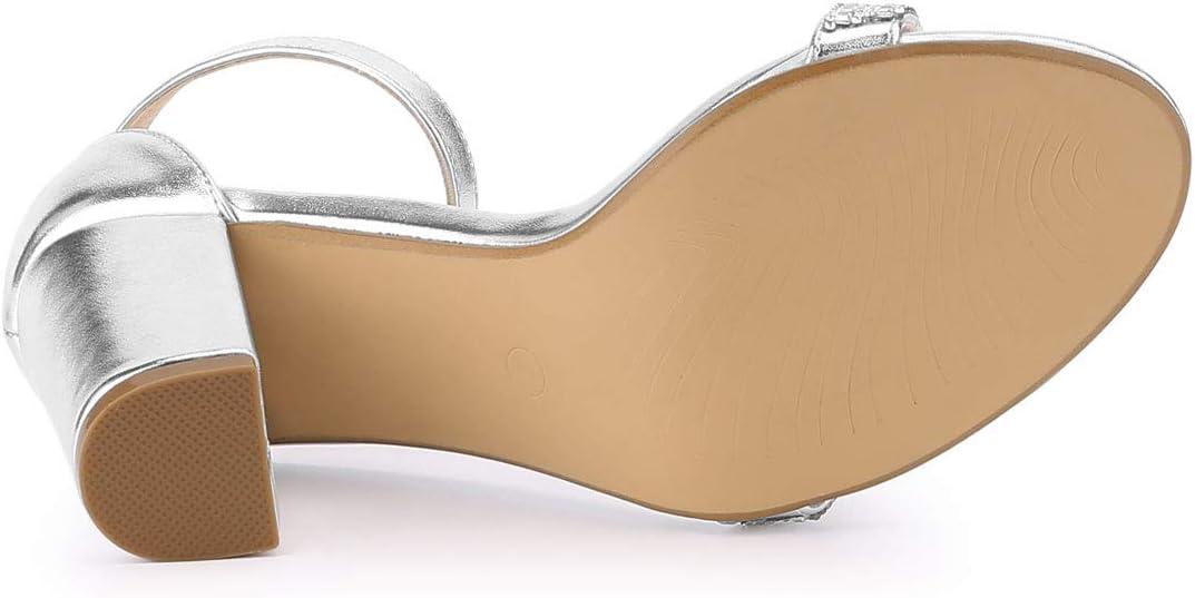 imageAllegra K Womens Rhinestone Ankle Strap Chunky Heels SandalsSilver