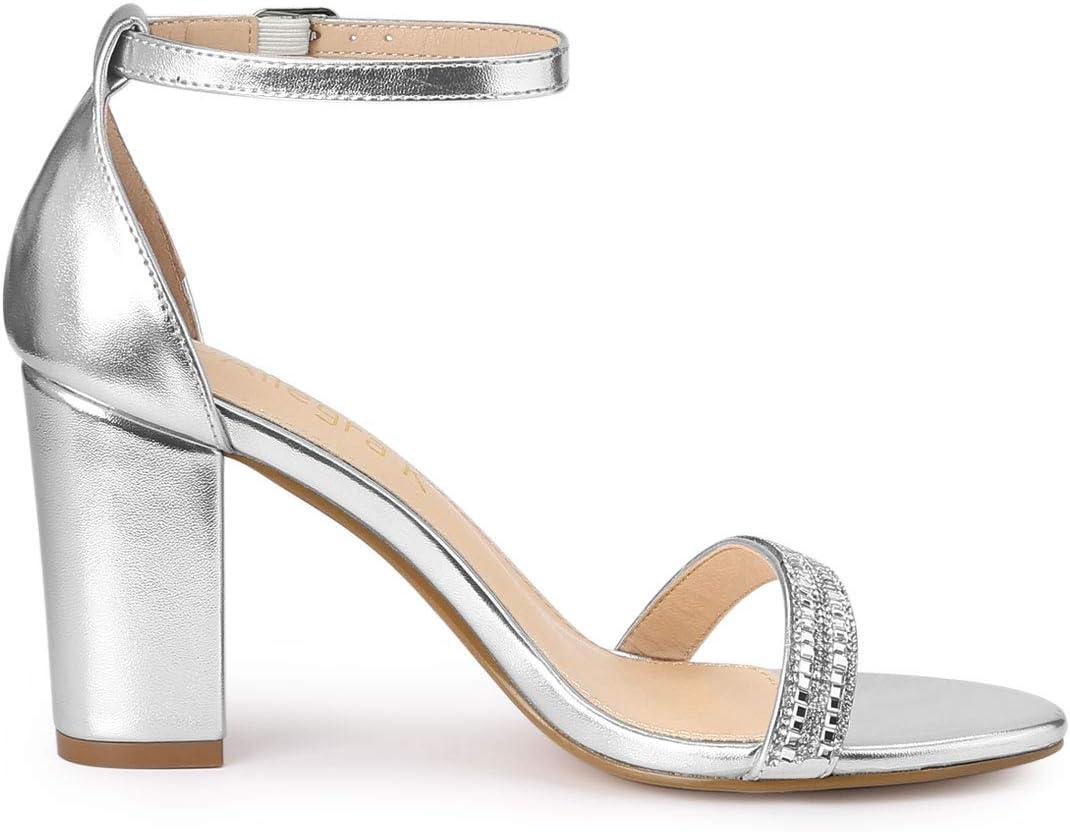 imageAllegra K Womens Rhinestone Ankle Strap Chunky Heels SandalsSilver