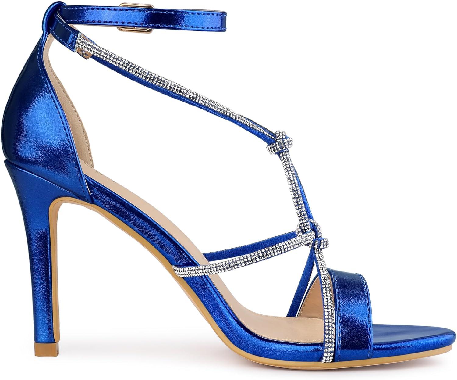 imageAllegra K Womens Rhinestone Knot Strap Stiletto Heels SandalsDeep Blue