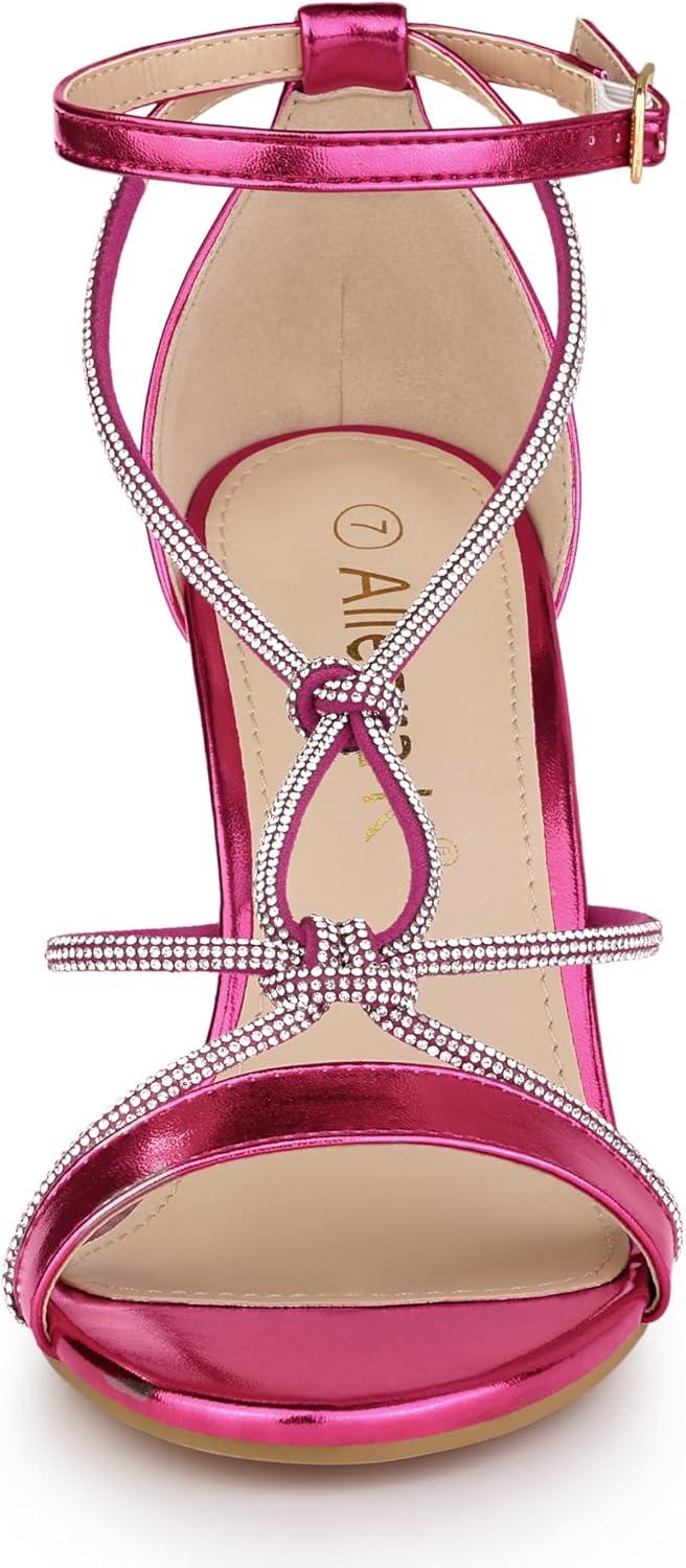 imageAllegra K Womens Rhinestone Knot Strap Stiletto Heels SandalsHot Pink