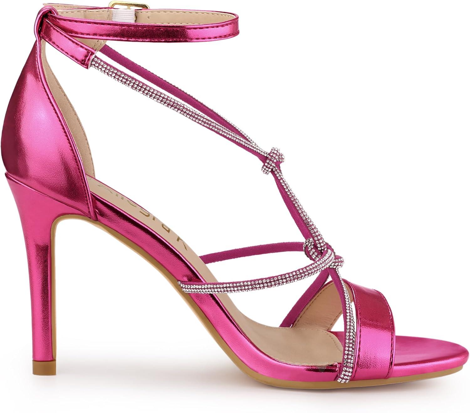 imageAllegra K Womens Rhinestone Knot Strap Stiletto Heels SandalsHot Pink
