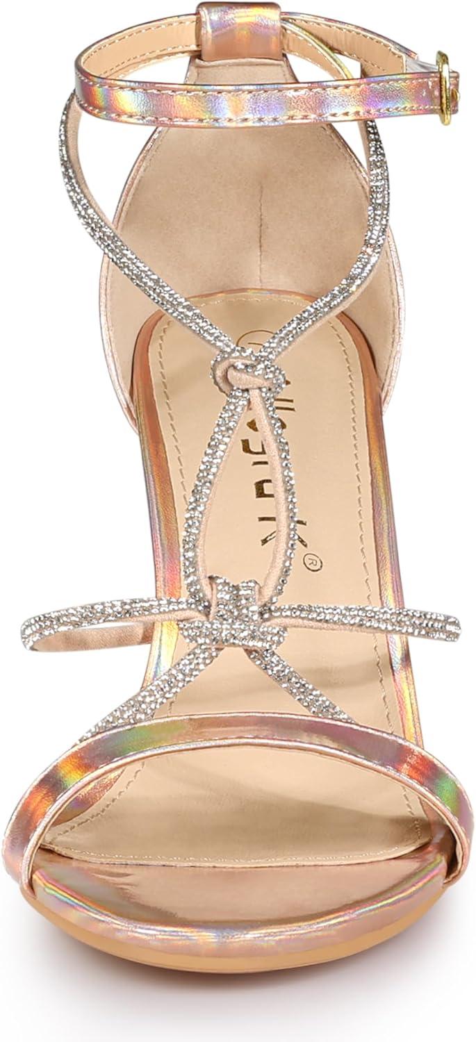 imageAllegra K Womens Rhinestone Knot Strap Stiletto Heels SandalsRose Gold