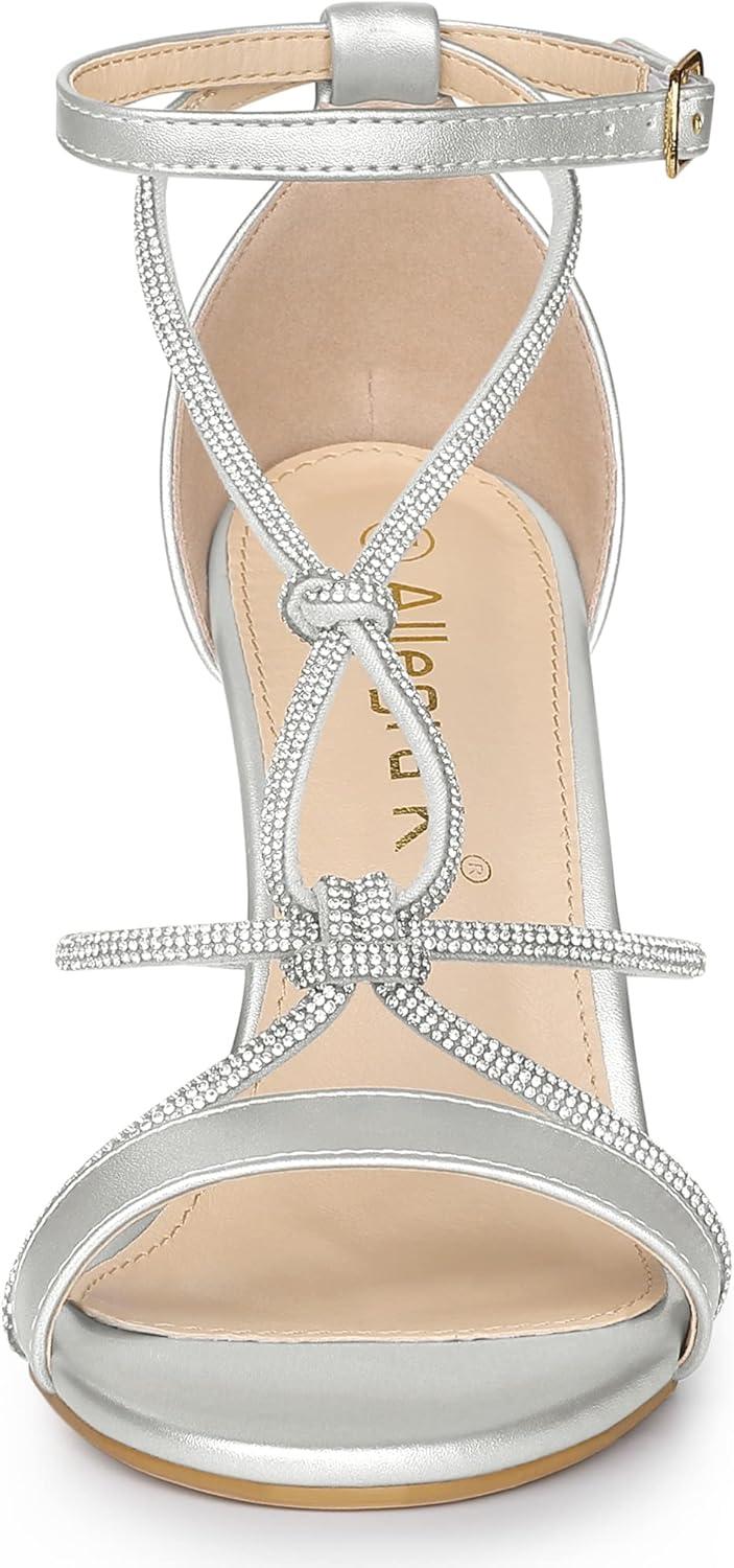 imageAllegra K Womens Rhinestone Knot Strap Stiletto Heels SandalsSilver