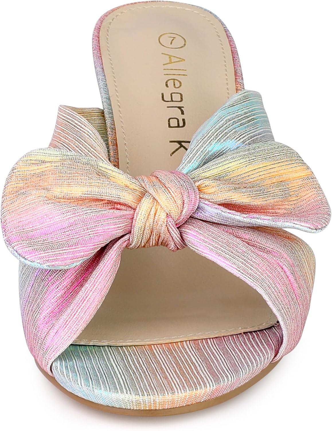 imageAllegra K Womens Slip on Pleated Bow Heels Chunky Heel Slouches Slides SandalsColorful Silver