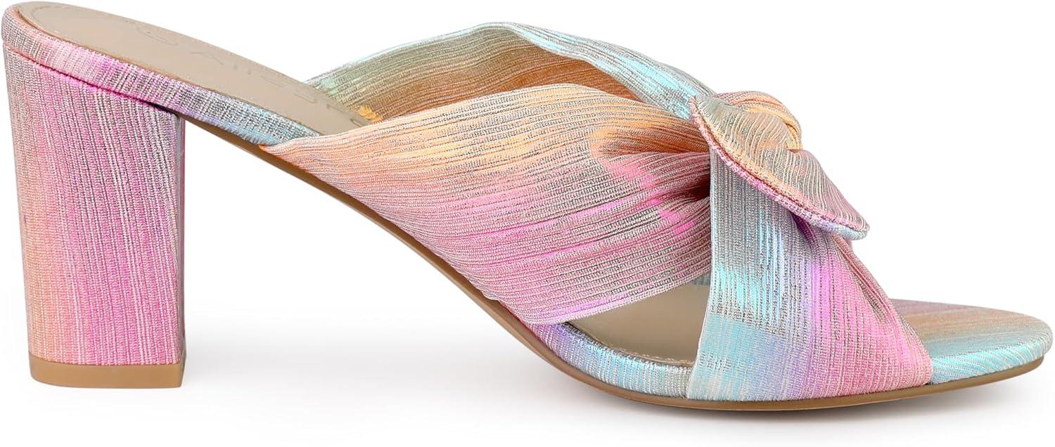 imageAllegra K Womens Slip on Pleated Bow Heels Chunky Heel Slouches Slides SandalsColorful Silver