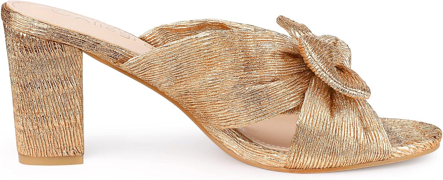 imageAllegra K Womens Slip on Pleated Bow Heels Chunky Heel Slouches Slides SandalsRose Gold