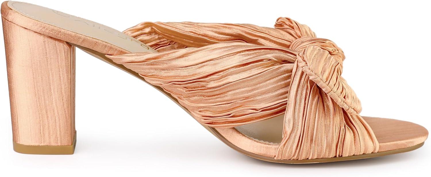 imageAllegra K Womens Slip on Pleated Bow Heels Chunky Heel Slouches Slides SandalsRose Gold