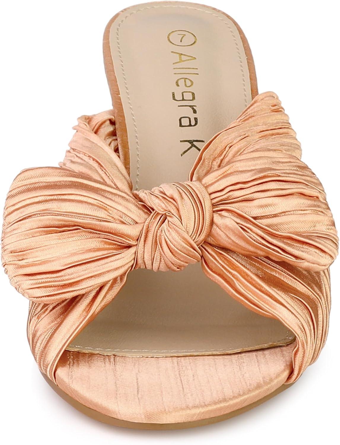 imageAllegra K Womens Slip on Pleated Bow Heels Chunky Heel Slouches Slides SandalsRose Gold